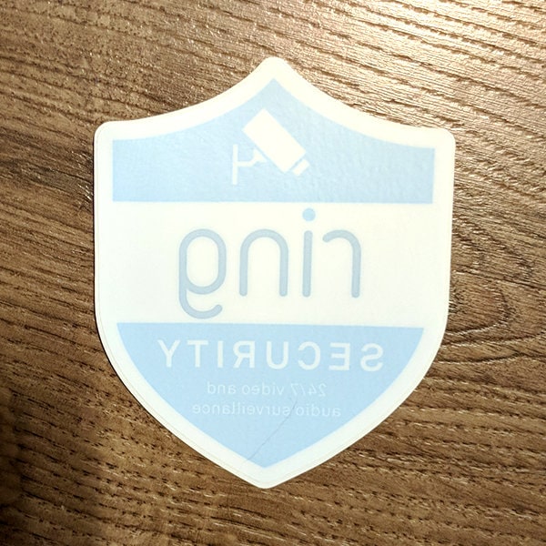 Indoor Ring Doorbell Security Camera Badge/Shield sticker (reverse print,  sticks INSIDE windows!)